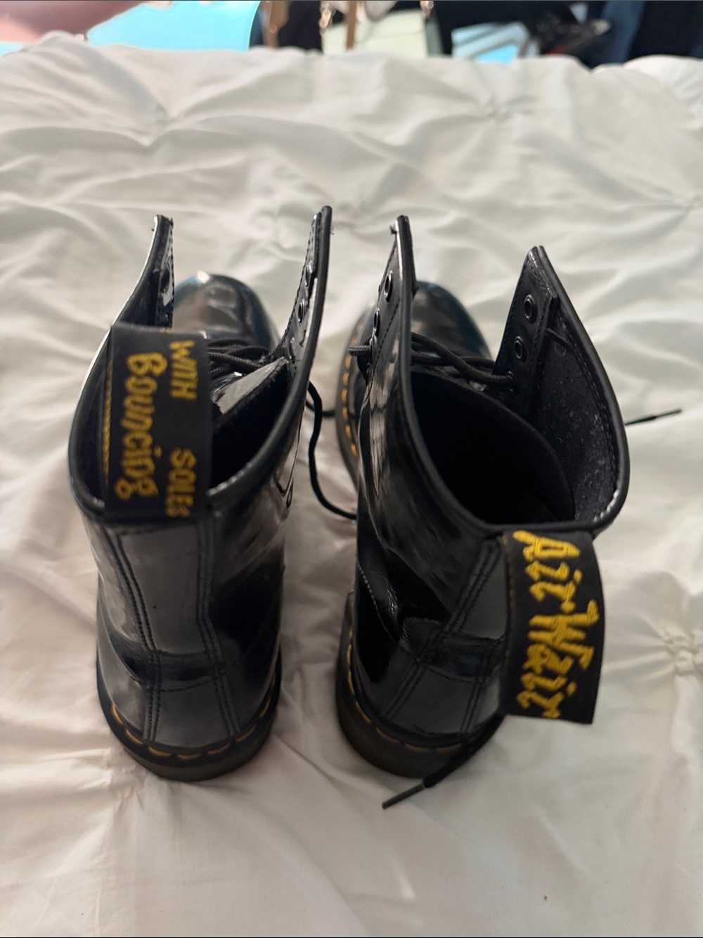 Dr. Martens Black Patent Lace-Up Ankle Boots with Yellow Heel Loop